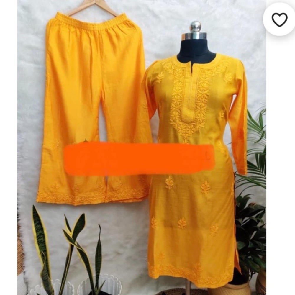 Yellow chikankari Kurti pallazo set with Banarasi Dupatta